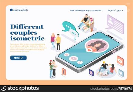 Meeting website landing page with big smartphone isometric icon and different couples communicating by network vector illustration