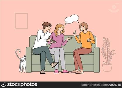 Meeting with friends and leisure concept. Smiling people couple and their girl friend sitting on sofa together discussing things at home vector illustration. Meeting with friends and leisure concept.