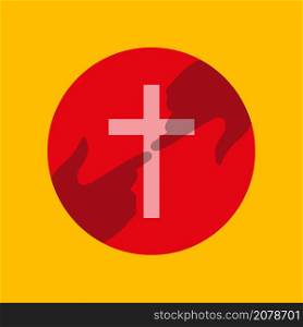Meeting with God, with the Savior. White cross on a red circle. Two hands in touch. Church or Christian conference emblem. Flat isolated Christian vector illustration.. Meeting with God, with the Savior. White cross on a red circle. Two hands in touch. Flat isolated Christian illustration