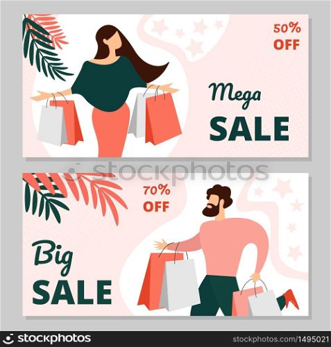 Mega Big Sale Horizontal Banners Set. Young Elegant Woman in Casual Dress and Fashioned Man with Paper Shopping Bags. Holiday Discount Offer, Store Promotion Off, Cartoon Flat Vector Illustration. Mega Sale Horizontal Banners Set. Discount Offer