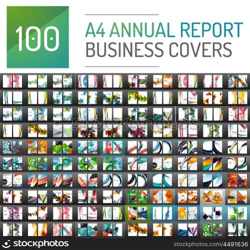 Mega collection of 100 business annual report brochure templates, A4 size covers created with geometric modern patterns - squares, lines, triangles, waves