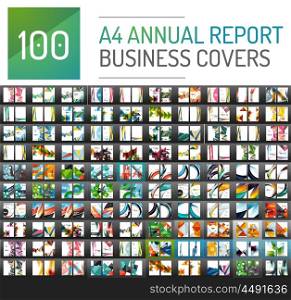 Mega collection of 100 business annual report brochure templates, A4 size covers created with geometric modern patterns - squares, lines, triangles, waves