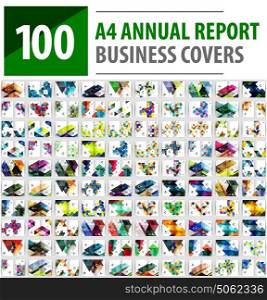 Mega collection of 100 business annual report brochure templates, A4 size covers. Mega collection of 100 business annual report brochure templates, A4 size covers created with geometric modern patterns - squares, lines, triangles, circles