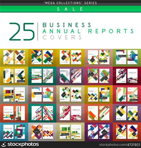 Mega collection of 25 business annual reports brochure cover templates. Vector A4 size business abstract backgrounds created with geometric shapes - lines, triangles, squares