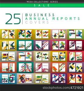 Mega collection of 25 business annual reports brochure cover templates. Vector A4 size business abstract backgrounds created with geometric shapes - lines, triangles, squares