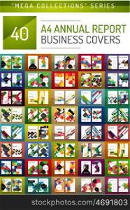 Mega collection of 40 business annual report brochure templates, A4 size covers created with geometric modern patterns - squares, lines, triangles, waves