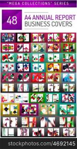 Mega collection of 48 business annual report brochure templates, A4 size covers created with geometric modern patterns - squares, lines, triangles, waves