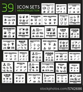 Mega collection of black glossy icon sets with 3d effect - 39 computer pictogram sets