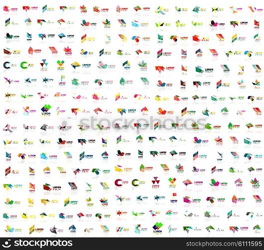 Mega collection of geometrical abstract logo templates, origami paper style business icons with sample text. Vector illustration
