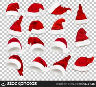 Mega collection of red santa hats on transparent background. Vector.