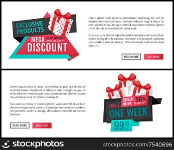 Mega discount and exclusive products web pages vector. Only one week, special offer with 50 percent reduction of price. Half of cost lower, presents. Mega Discount and Exclusive Products Web Pages