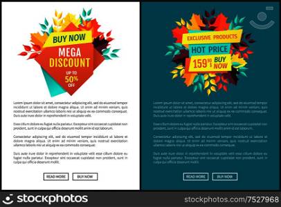Mega discount and hot price posters set. Exclusive production natural products and seasonal offer sellout. Autumnal promotion and proposition vector. Mega Discount Hot Price Set Vector Illustration