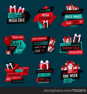 Mega discount, exclusive product on sale banners set vector. Presents in shopping basket, inflatable balloon bought on special shop offer proposition. Mega Discount, Exclusive Product Sale Banners Set
