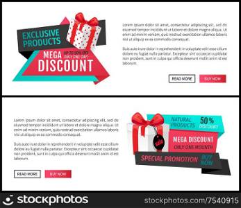 Mega discount, exclusive product on sale banners set vector. Presents in shopping basket, inflatable balloon bought on special shop offer proposition. Mega Discount, Exclusive Product Sale Banners Set