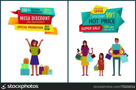 Mega discount posters . Lady with bought presents gifts raising hands. Family shopping and having time together eating ice cream. Clearance vector. Mega Discount Posters Set Vector Illustration