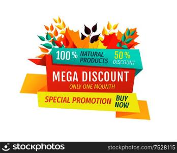 Mega discount special autumn promotion emblem. Half price sale with fall leaves and stripes. Exclusive seasonal offer vector illustration isolated.. Mega Discount Special Autumn Promotion Emblem