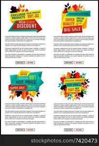 Mega discount super sale posters set. Offers of shops and banners with leaves autumnal reduction of price. Natural products on market sellout vector. Mega Discount Sale Posters Vector Illustration