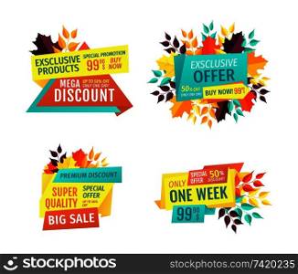 Mega discount with big sale off promo emblems set. Special autumn offer logos, fall leaves. Exclusive products price reduction vector illustrations.. Mega Discount with Big Sale Promo Emblems Set