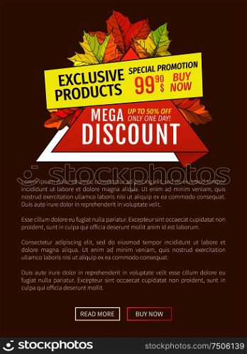 Mega discounts on exclusive products special promotion 99.90 price buy now advertisement poster with maple leaves. Autumn fall costs reduction web banner. Mega Discounts on Exclusive Products Special Price