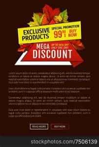 Mega discounts on exclusive products special promotion 99.90 price buy now advertisement poster with maple leaves. Autumn fall costs reduction web banner. Mega Discounts on Exclusive Products Special Price