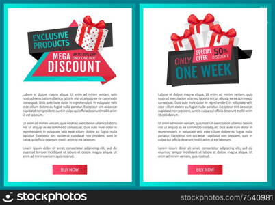 Mega discounts, price reduction, shop clearance labels web pages vector. Best offer of shop, saving money. Present box with ribbon and bow, promo gift. Mega Discounts, Price Reduction, Shop Clearance