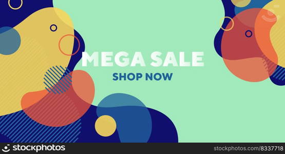 Mega sale abstract banner design with dynamical forms. Fluid shapes, flowing liquid, mint background. Trendy design for posters, flyers, advertising design