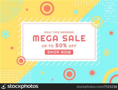 Mega sale banner dashed line style backdrop color bright with modern round shape. vector illustration