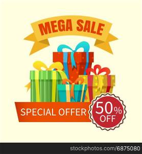 Mega sale banner with gift boxes. Mega sale banner with gift boxes. Vector illustration