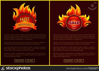 Mega sale burning labels with info about discounts, lansing pages set. Blazed signs with flame, informative web online banners with promo offers vector. Mega Sale Burning Labels with Info About Discounts