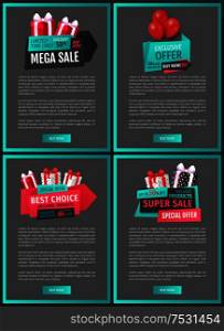 Mega sale, exclusive product price reduction web page templates vector set. Inflatable balloon and present from shop, sellout and clearance, store promotion. Mega Sale, Exclusive Product Price Reduction Web