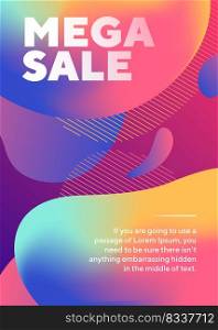 Mega sale lettering with abstract fluid shapes. Organic forms, flowing liquid, dynamical colored background. Trendy design for posters, flyers, advertising design