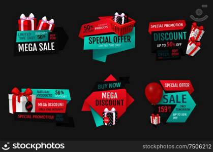 Mega sale of natural products one month banners set vector. Presents and gifts, special discounts and offers from stores. Sellout, clients clearance. Mega Sale of Natural Products One Month Banners