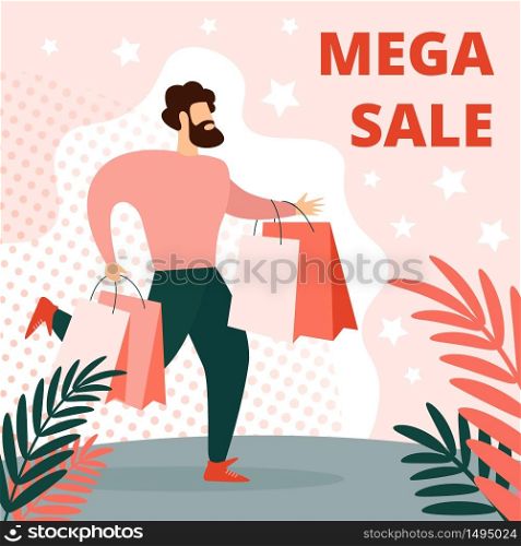 Mega Sale Square Banner. Young Bearded Man in Casual Dress Running with Paper Shopping Bags in Hands. Holiday Discount Offer Coupon, Store Advertising Promotion Off, Cartoon Flat Vector Illustration. Man in Casual Dress Run with Paper Shopping Bags