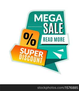 Mega sale tag. Super discount promotional product flyer, abstract concept graphic half price website banner, marketing brochure or coupon green and yellow colors vector geometric shapes template. Mega sale tag. Super discount promotional flyer, abstract concept half price website banner, marketing brochure or coupon green and yellow colors vector geometric shapes template