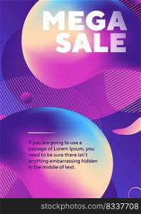 Mega sale text with abstract neon shapes. Organic forms, flowing liquid, gradient colored background. Trendy design for posters, flyers, advertising design