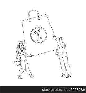 Mega Sale With Special Offers At Products Black Line Pencil Drawing Vector. Man And Woman Customers Holding Bag With Goods At Mega Sale Season Discount. Characters Shopaholic In Store Illustration. Mega Sale With Special Offers At Products Vector