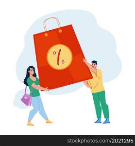 Mega Sale With Special Offers At Products Vector. Man And Woman Customers Holding Bag With Goods At Mega Sale Season Discount. Characters Shopaholic In Store Flat Cartoon Illustration. Mega Sale With Special Offers At Products Vector