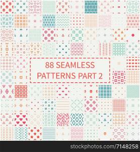 Mega set of 88 colorful geometric universal different seamless decorative patterns. Wrapping paper. Scrapbook paper. Vector backgrounds collection. Endless graphic texture ornaments.. Mega set of 88 colorful geometric universal different seamless decorative patterns. Wrapping paper. Scrapbook paper. Tiling. Vector backgrounds collection. Endless graphic texture ornaments.