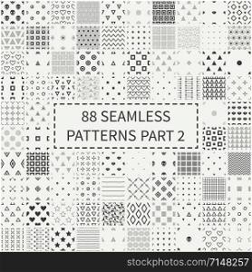 Mega set of 88 monochrome geometric universal different seamless decorative patterns. Wrapping paper. Scrapbook paper. Vector backgrounds collection. Endless graphic texture ornaments.. Mega set of 88 monochrome geometric universal different seamless decorative patterns. Wrapping paper. Scrapbook paper. Tiling. Vector backgrounds collection. Endless graphic texture ornaments.