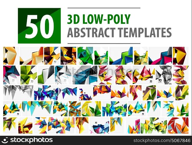 Mega set of low poly backgrounds. Mega set of 50 low poly backgrounds, vector templates collection. Abstract triangle backgrounds with copyspace