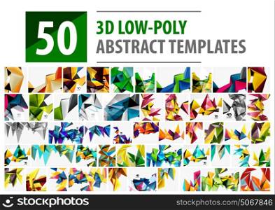 Mega set of low poly backgrounds. Mega set of 50 low poly backgrounds, vector templates collection. Abstract triangle backgrounds with copyspace
