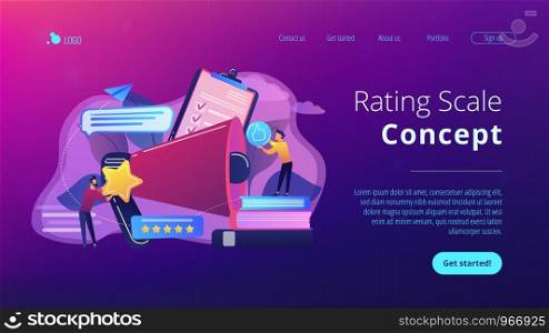 Megaphone and businessmen rate with stars and thumb up icons. Rank and rating scale, high-ranking, top-ranking concept on white background. Website vibrant violet landing web page template.. Top-ranking concept landing page.