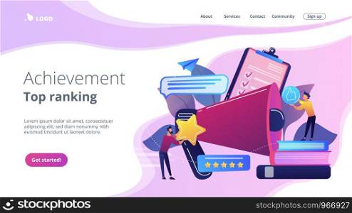 Megaphone and businessmen rate with stars and thumb up icons. Rank and rating scale, high-ranking, top-ranking concept on white background. Website vibrant violet landing web page template.. Top-ranking concept landing page.