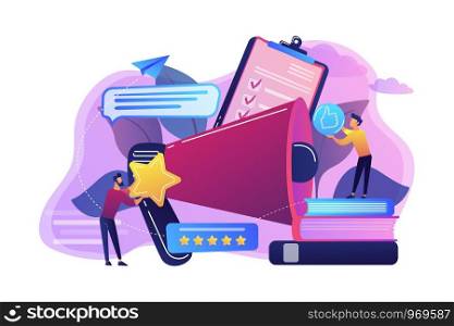 Megaphone and businessmen rate with stars and thumb up icons. Rank and rating scale, high-ranking, top-ranking concept on white background. Bright vibrant violet vector isolated illustration. Top-ranking concept vector illustration.