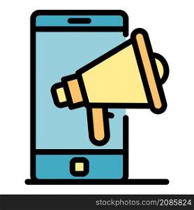 Megaphone and smartphone icon. Outline megaphone and smartphone vector icon color flat isolated. Megaphone and smartphone icon color outline vector