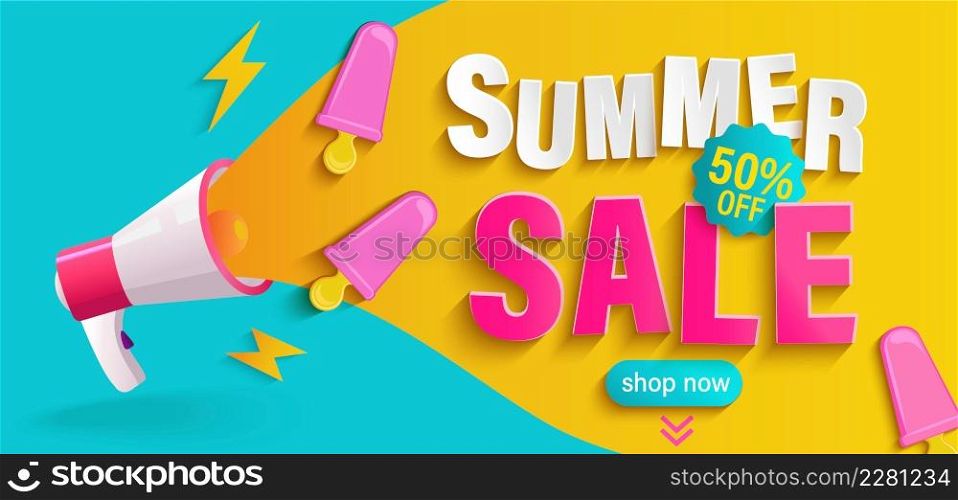 Megaphone announce beginning sale summer 2022. Bright discount poster with ice cream.Poster,flyer,banner with invitation to shopping.Just now price off.Template for design.Vector illustration.. Megaphone announce beginning sale summer 2022.