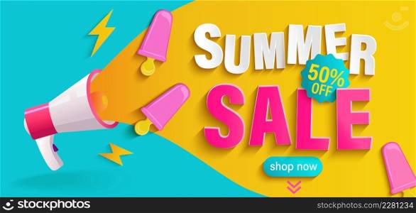 Megaphone announce beginning sale summer 2022. Bright discount poster with ice cream.Poster,flyer,banner with invitation to shopping.Just now price off.Template for design.Vector illustration.. Megaphone announce beginning sale summer 2022.