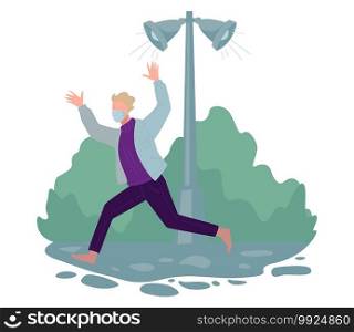 Megaphone announcing news on coronavirus, scared and worried man running along street. Covid19 preventive measures, stay home. Panic and shock of people upsetting information. Vector in flat style. Scared man running, male wearing mask, coronavirus news