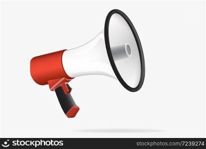 Megaphone, bullhorn or loudhailer isolated on white background. Portable acoustic device used to amplify voice or sound. Realistic vector illustration for advertisement, promotion, announcement.. Megaphone, bullhorn or loudhailer isolated on white background