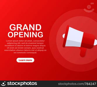 Megaphone Hand, business concept with text Grand opening. Vector stock illustration